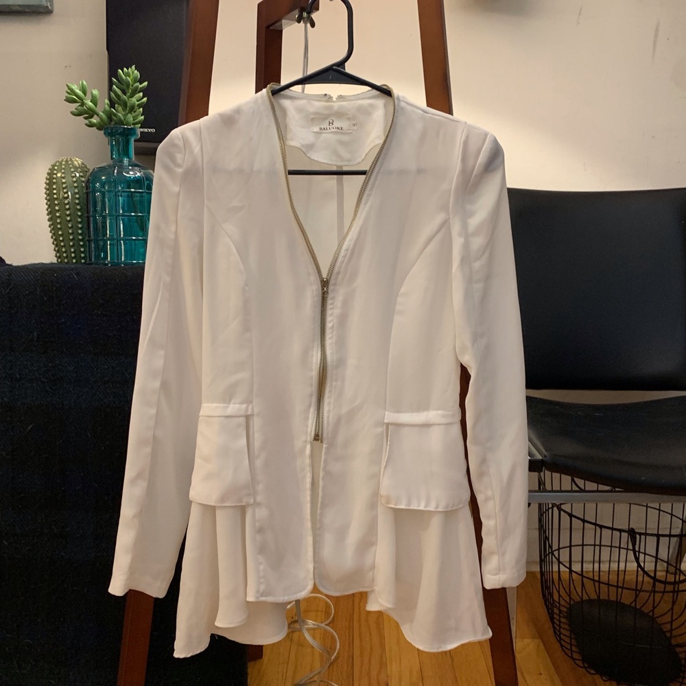 Zip Front White Peplum Blazer Double Zipper Detail